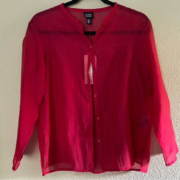 Eileen Fisher Women’s Sheer Red Button-Up Blouse Sz Small linen Lagenlook - Picture 1 of 6